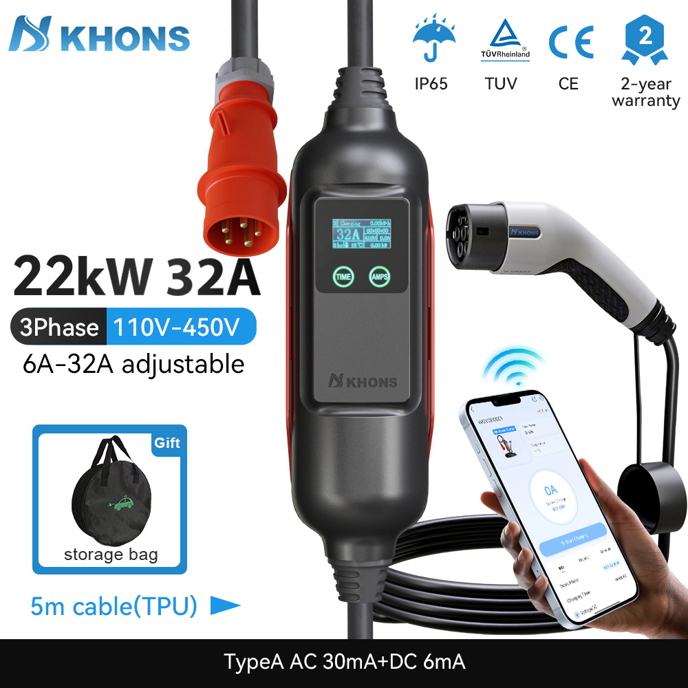 Ev Charger Type 2 22Kw 32A 3 Phase - Khons Caricatore EV portatile Type2 32A