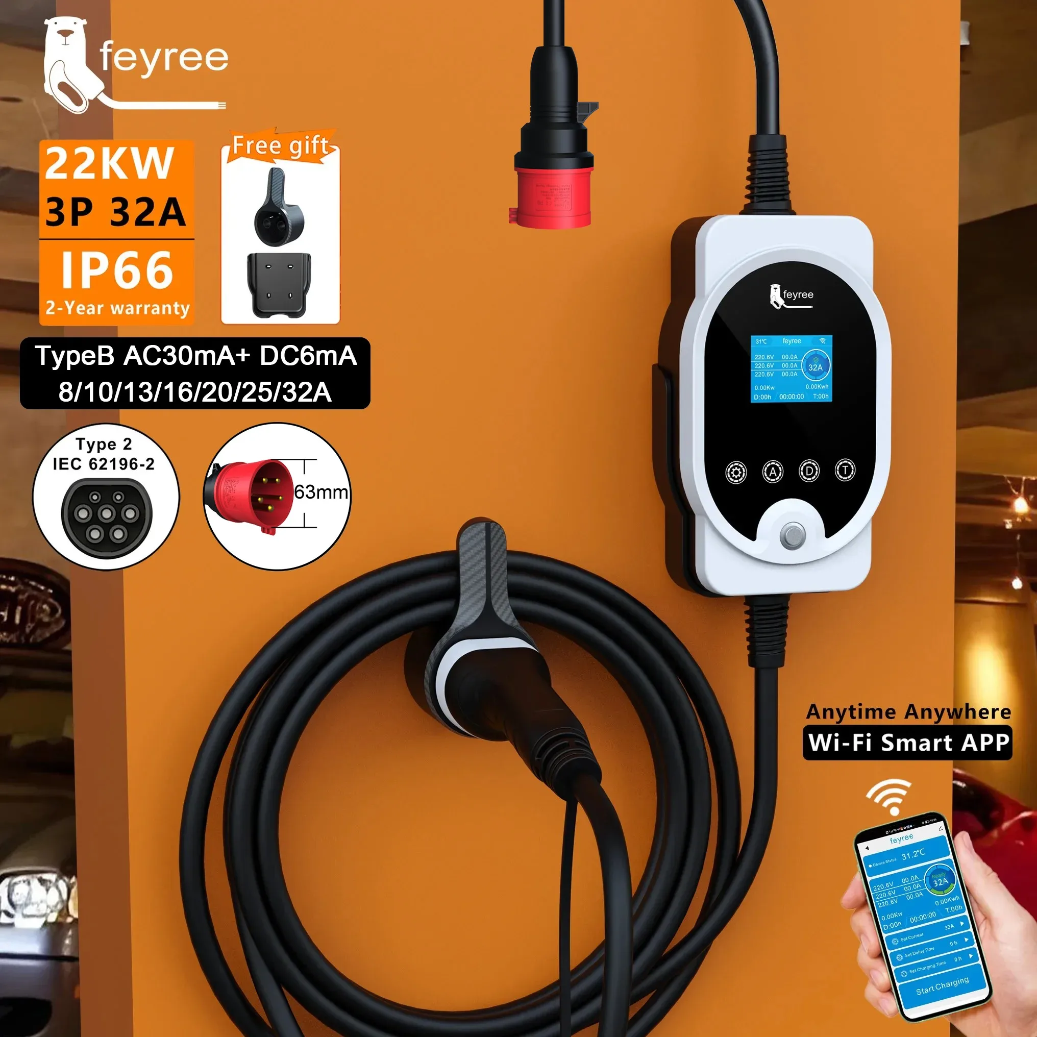 Ev Charger Type 2 22Kw 32A 3 Phase - Feyree 22KW Tipo 2 Cavo EVSE
